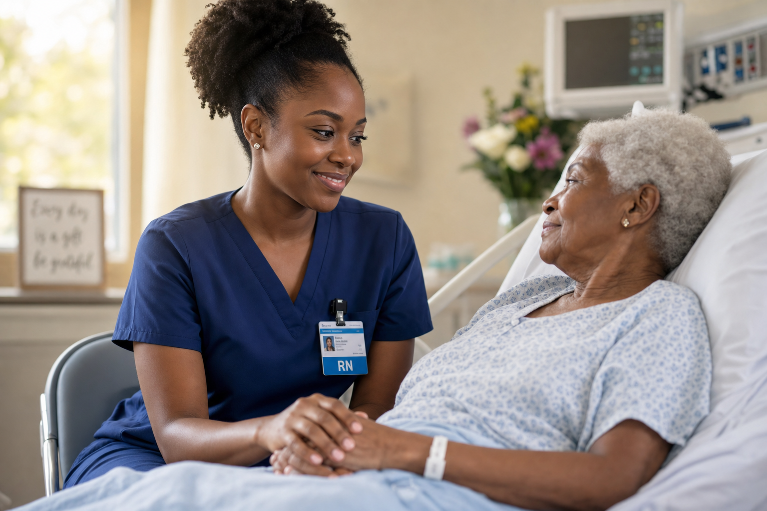 Fahari nurse holding the hand of an elderly resident in soft natural light